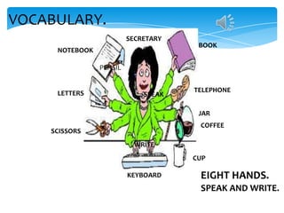 VOCABULARY.
SECRETARY
NOTEBOOK

BOOK

PENSIL

LETTERS

SPEAK

TELEPHONE
JAR
COFFEE

SCISSORS
WRITE

CUP
KEYBOARD

EIGHT HANDS.
SPEAK AND WRITE.

 