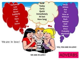 Now
Today
Early
Quick
Inmediately
At last
How long

We are in love !

Beer
Wine
wisky

WE ARE IN LOVE !

When
Within
Out
Far
How as
Without
Back
Behind
Well
Where
Once
Probably
absolutely

YES, YOU ARE IN LOVE!

ADVERBS

 