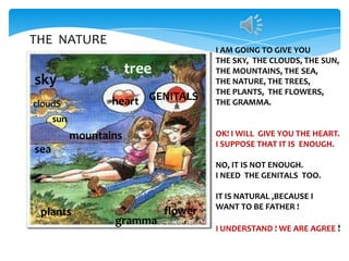THE NATURE

tree

sky

heart GENITALS

cloudS

I AM GOING TO GIVE YOU
THE SKY, THE CLOUDS, THE SUN,
THE MOUNTAINS, THE SEA,
THE NATURE, THE TREES,
THE PLANTS, THE FLOWERS,
THE GRAMMA.

sun
OK! I WILL GIVE YOU THE HEART.
I SUPPOSE THAT IT IS ENOUGH.

mountains
sea

NO, IT IS NOT ENOUGH.
I NEED THE GENITALS TOO.

plants

gramma

flower

IT IS NATURAL ,BECAUSE I
WANT TO BE FATHER !
I UNDERSTAND ! WE ARE AGREE !

 