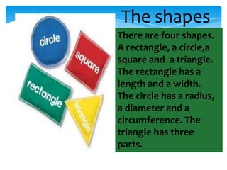 The shapes
There are four shapes.
A rectangle, a circle,a
square and a triangle.
The rectangle has a
length and a width.
The circle has a radius,
a diameter and a
circumference. The
triangle has three
parts.

 