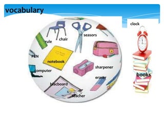 vocabulary
clock
seasors
rule

chair

PEN
notebook
sharpener

computer

eraser
blacboard
teacher

books

 