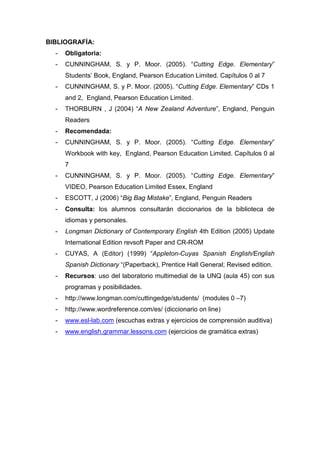 BIBLIOGRAFÍA:
-

Obligatoria:

-

CUNNINGHAM, S. y P. Moor. (2005). “Cutting Edge. Elementary”
Students’ Book, England, Pearson Education Limited. Capítulos 0 al 7

-

CUNNINGHAM, S. y P. Moor. (2005). “Cutting Edge. Elementary” CDs 1
and 2, England, Pearson Education Limited.

-

THORBURN , J (2004) “A New Zealand Adventure”, England, Penguin
Readers

-

Recomendada:

-

CUNNINGHAM, S. y P. Moor. (2005). “Cutting Edge. Elementary”
Workbook with key, England, Pearson Education Limited. Capítulos 0 al
7

-

CUNNINGHAM, S. y P. Moor. (2005). “Cutting Edge. Elementary”
VIDEO, Pearson Education Limited Essex, England

-

ESCOTT, J (2006) “Big Bag Mistake”, England, Penguin Readers

-

Consulta: los alumnos consultarán diccionarios de la biblioteca de
idiomas y personales.

-

Longman Dictionary of Contemporary English 4th Edition (2005) Update
International Edition revsoft Paper and CR-ROM

-

CUYAS, A (Editor) (1999) “Appleton-Cuyas Spanish English/English
Spanish Dictionary “(Paperback), Prentice Hall General; Revised edition.

-

Recursos: uso del laboratorio multimedial de la UNQ (aula 45) con sus
programas y posibilidades.

-

http://www.longman.com/cuttingedge/students/ (modules 0 –7)

-

http://www.wordreference.com/es/ (diccionario on line)

-

www.esl-lab.com (escuchas extras y ejercicios de comprensión auditiva)

-

www.english.grammar.lessons.com (ejercicios de gramática extras)

 