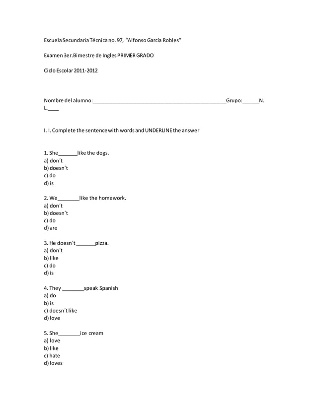 Ingles primer bimestre secundaria primero PDF