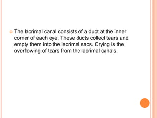  The lacrimal canal consists of a duct at the inner
corner of each eye. These ducts collect tears and
empty them into the lacrimal sacs. Crying is the
overflowing of tears from the lacrimal canals.
 