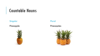Countable Nouns
Singular
Pineapple
Plural
Pineapples
 