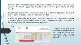 4. ¿Cuáles de las habilidades comunicativas como el habla, la escucha, la escritura y la
lectura se le dificulta? ¿Qué tipo de práctica adicional haría para mejorar en estos
aspectos?
Rta: considero que la mayoría se me dificultad pero es por falta de practica por que el
área de ingles no es solo teoría sino de mucha practica.
5. Tome un pantallazo de la agenda del curso. Responda a la siguiente pregunta
¿Considera que el conocimiento y buen uso de la herramienta agenda le ayudará a
desarrollar y entregar sus tareas a tiempo? Y por qué?
Rta:
La agenda es de gran ayuda
porque es un cronograma que
nos indica el tiempo que
tenemos, los días que nos
falta, para realizar dicha
actividad.
 
