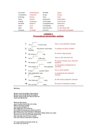 Conocido Acquaintance Pandilla Gang
Compañero Coworker Grupo Group
Enemigo Enemy Club Club
Socio Partner Asociación Association
Colega Colleague Comunidad Community
Pariente Relative Compañerismo Fellowship
Amor Love Cordialidad Cordiality
Odio Hate Llevarse bien To get along with
Conocer To meet Convivir To live with somebody
LESSON 1
Pronombres personales sujetos
1.
It is a sunny day.
Hace un día bastante soleado
2. I ra like tennis more than
football.
Yo prefiero el tenis al fútbol
3.
My house is big.
Mi casa es algo grande
4.
It's a chilly day.
Hace un día más bien frío
5.
My house is small.
Mi casa es bonita, pero más bien
pequeña
6.
The answer is the opposite.
La respuesta es totalmente la
contraria
7.
It was a great match.
Fue un gran partido
8. The explanation was
confused.
La explicación fue bastante
confusa
9.
The child was calm.
El niño estuvo bastante calmado
10.
The car was noisy.
El coche era bastante ruidoso
Get busy
Shak e that thing M iss Kana Kana
Shak e that thing M iss Annabella
Shak e that thing yan Donna Donna
Jodi and Re be cca
Wom an Ge t busy
Jus t s hake that body non -stop
Whe n tha be at dr ops
Jus k e ep swingin' it
Ge t jiggy ge t cr unked up
Pe r colate anyting you want to call it
Os cillate you hip and don't take pity
M e w ant fi s ee you ge t live 'pon tha r iddim when m e r yde
And m e lyr ics ar e pr ovide e lectricity
Gal nobody can te ll you nuttin'
Can you done k now your destiny
Yo s e xy ladie s want par w ith us
In a the car w ith us
 