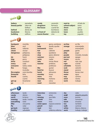 145 
one hundred and fourty-fi ve 
GLOSSARY 
1 
Unit 
bakery panadería 
beauty parlor salon de 
belleza 
behind detrás de 
bookstore librería 
building edi cio 
candy caramelo 
drugstore farmacia 
 re house cuartel de 
bomberos 
in front of delante de 
movie theater cine 
next to al lado de 
school subject ramo 
shout gritar 
store tienda 
town pueblo 
toy juguete 
2 
Unit 
backpack mochila 
blue azul 
brave valiente 
check revisar 
dangerous peligroso, 
peligrosa 
do hacer 
dog perro 
drive conducir 
every cada 
everyone todos, todas 
 re fuego, 
incendio 
 re engine carro bomba 
 rewood leña 
fourth cuarto, 
cuarta 
get up levantarse 
go ir 
hat gorro, sombrero 
help ayuda, ayudar 
homework tarea 
hot caliente 
stay quedarse 
stop parar, detener 
summer verano 
swim nadar 
take tomar, llevar 
teacher profesor, 
profesora 
like gustar 
look for buscar 
lunch almuerzo 
monday lunes 
more más 
morning mañana 
near cerca 
need necesitar 
on line en  la 
orange anaranjado, 
anaranjada 
people gente 
play jugar 
purple morado, morada 
put out apagar 
recess recreo 
red rojo, roja 
rope cuerda 
schedule horario 
sock calcetín 
stand pararse 
throw lanzar, tirar 
water agua 
way camino 
wind viento 
work trabajo 
3 
Unit 
afternoon tarde 
candy dulces 
earth la tierra 
evening tarde / noche 
everything todo 
 fty cincuenta 
 y volar 
go back regresar 
healthy saludable 
interview entrevista 
love amar 
missing que falta 
month mes 
moon luna 
outer space espacio exterior 
pencil lápiz 
read leer 
sick enfermo, enferma 
sky cielo 
small pequeño, pequeña 
soon pronto 
talk conversar 
teach enseñar 
too también 
walk caminar 
white blanco, blanca 
work trabajo, trabajar 
 