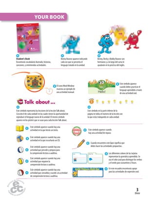 BLM 
2 
Los diferentes colores de las tarjetas 
representan la gramática aprendida. Se 
usa el color azul para distinguir los verbos 
y el verde para sustantivos o frases. 
3 
three 
YOUR BOOK 
Julie Kniveton Angela Llanas Lina Alvarado 
in Chile 
English 
STUDENT’S BOOK 
4 
EDICIÓN ESPECIAL PARA EL MINISTERIO DE EDUCACIÓN 
PROHIBIDA SU COMERCIALIZACIÓN 
Student's Book 
Encontrarás vocabulario ilustrado, historias, 
canciones, y entretenidas actividades. 
Benny, Becky y Bobby Bounce son 
hermanos y a lo largo del curso te 
ayudarán en la práctica del inglés. 
Benny Bounce aparece indicando 
cada vez que se presenta el 
lenguaje tratado en la unidad. 
El ícono Word Window 
muestra un ejemplo de 
una actividad manual. 
Este símbolo aparece 
cuando debes practicar el 
lenguaje aprendido a través 
Hello! de una actividad oral. 
Este símbolo representa las lecciones de la lección Talk about, 
(Lección 8 de cada unidad) en las cuales tienes la oportunidad de 
reproducir el lenguaje nuevo de la unidad. El mismo símbolo 
aparece en los pósters que se usan para cada lección Talk about. 
Este símbolo en la parte inferior de la 
página te indica el número de la lección con 
la que estás trabajando en cada unidad. 
Este símbolo aparece cuando hay una 
actividad en la que leerás un texto. Este símbolo aparece cuando 
Este símbolo aparece cuando hay una 
actividad en la que escucharás un CD. 
Este símbolo aparece cuando hay una 
actividad que precede y prepara para 
la comprensión lectora o auditiva. 
Este símbolo aparece cuando hay una 
actividad que requiere la 
comprensión lectora o auditiva. 
Este símbolo aparece cuando hay una 
actividad que consolida y sucede a la actividad 
de comprensión lectora o auditiva. 
hay una actividad de repaso. 
Cuando encuentres este lápiz signi ca que 
debes hacer las actividades propuestas. 
En este recuadro encontrarás apoyo 
para las actividades de expresión oral. 
cry shorts 
 