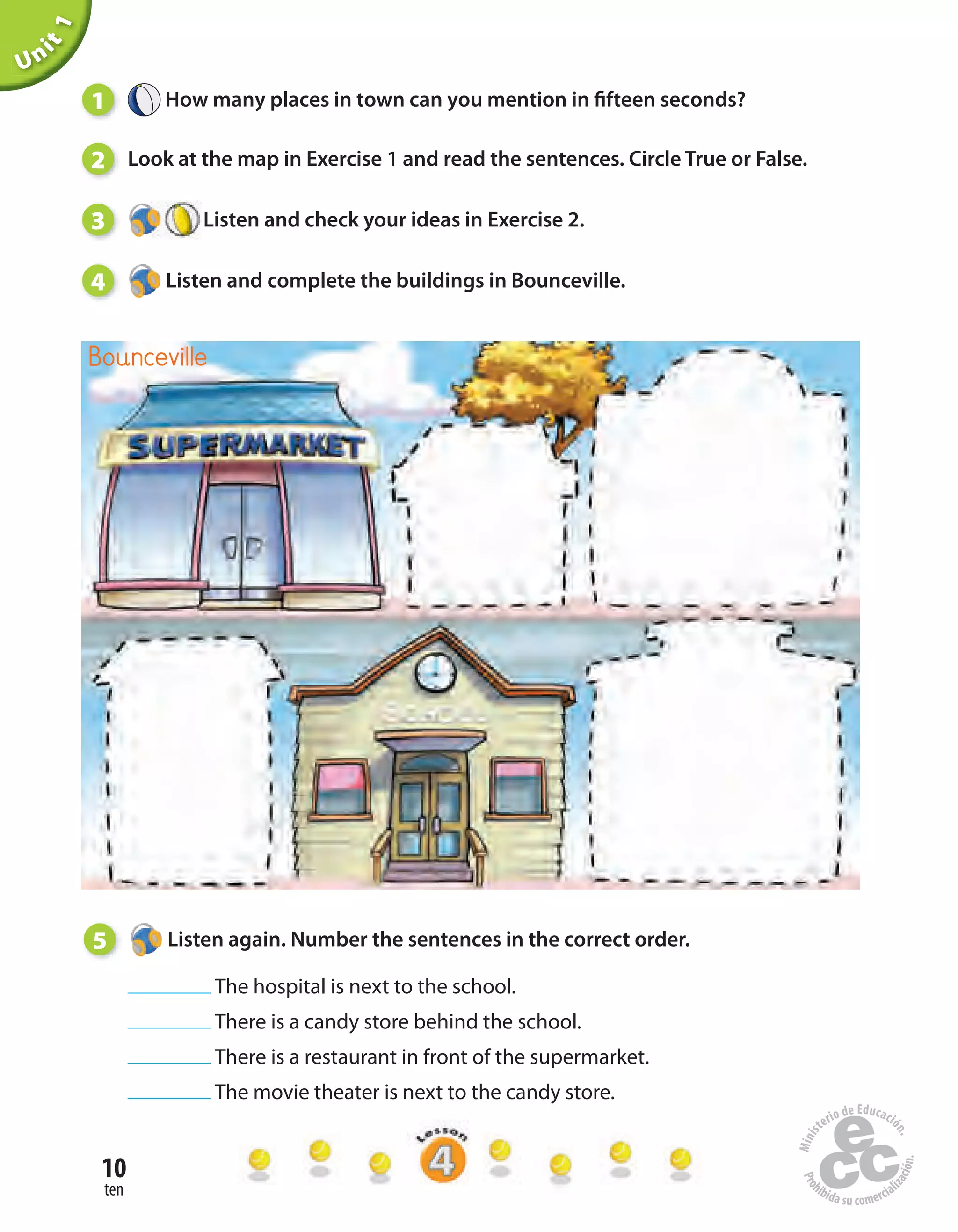 10
ten
Unit1
1 How many places in town can you mention in fifteen seconds?
2 Look at the map in Exercise 1 and read the sentences. Circle True or False.
3 Listen and check your ideas in Exercise 2.
4 Listen and complete the buildings in Bounceville.
Bounceville
5 Listen again. Number the sentences in the correct order.
The hospital is next to the school.
There is a candy store behind the school.
There is a restaurant in front of the supermarket.
The movie theater is next to the candy store.
 