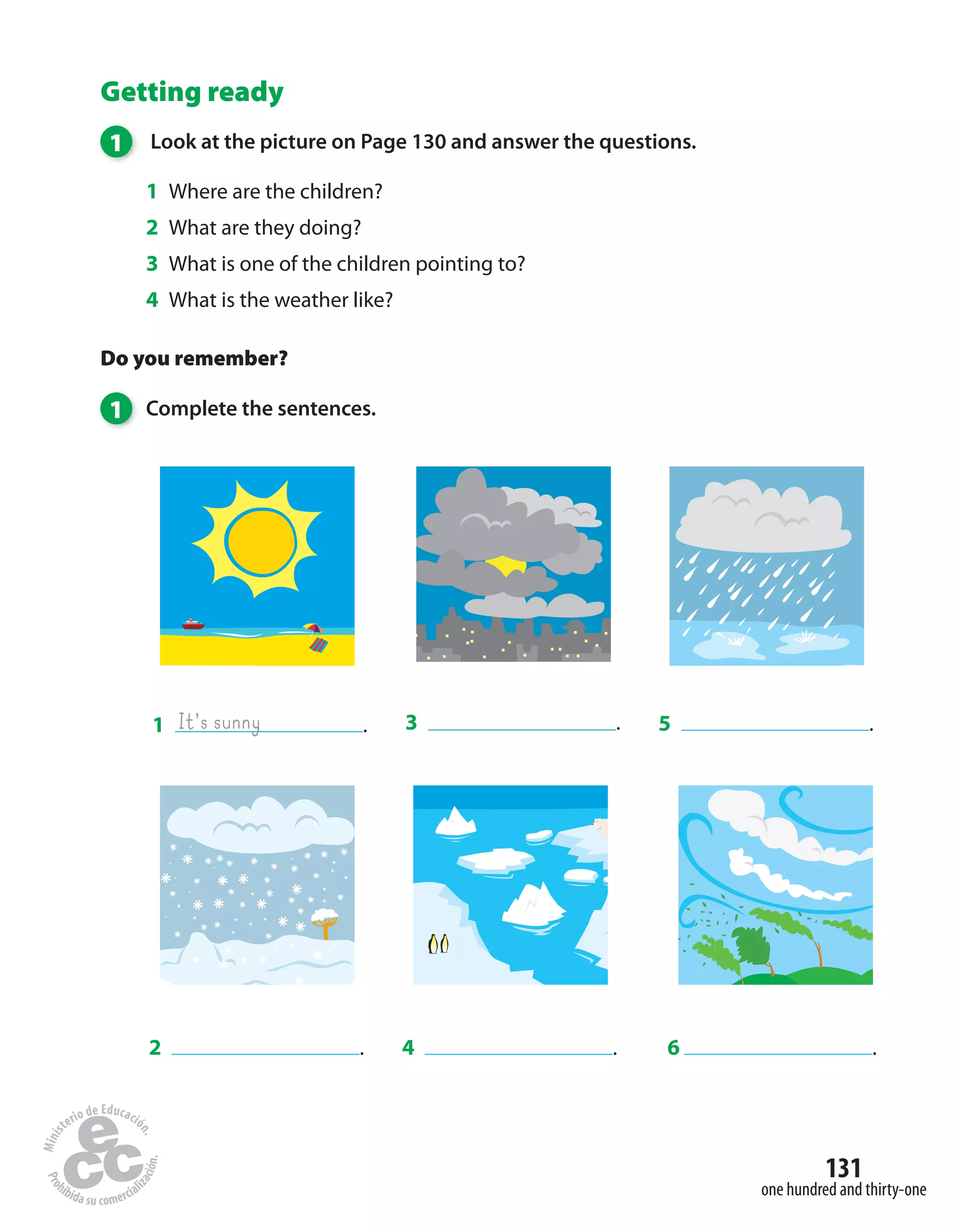 131
one hundred and thirty-one
Getting ready
1 Look at the picture on Page 130 and answer the questions.
1 Where are the children?
2 What are they doing?
3 What is one of the children pointing to?
4 What is the weather like?
Do you remember?
1 Complete the sentences.
1 .It’s sunny
2 . 4 .
3 .
6 .
5 .
 