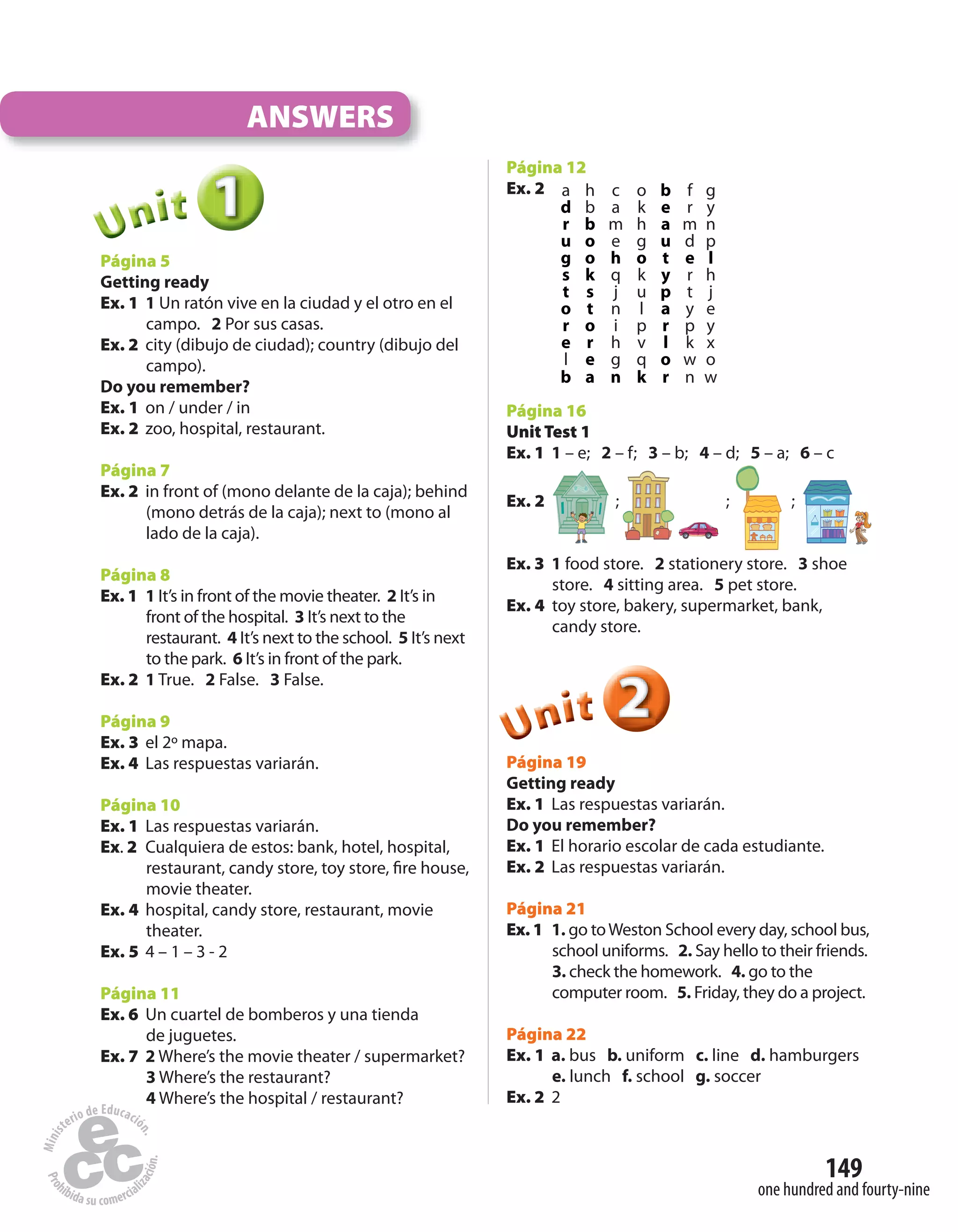 149
one hundred and fourty-nine
ANSWERS
111UUUUUUnnniiittt
Página 5
Getting ready
Ex. 1 1 Un ratón vive en la ciudad y el otro en el
campo. 2 Por sus casas.
Ex. 2 city (dibujo de ciudad); country (dibujo del
campo).
Do you remember?
Ex. 1 on / under / in
Ex. 2 zoo, hospital, restaurant.
Página 7
Ex. 2 in front of (mono delante de la caja); behind
(mono detrás de la caja); next to (mono al
lado de la caja).
Página 8
Ex. 1 1 It’s in front of the movie theater. 2 It’s in
front of the hospital. 3 It’s next to the
restaurant. 4 It’s next to the school. 5 It’s next
to the park. 6 It’s in front of the park.
Ex. 2 1 True. 2 False. 3 False.
Página 9
Ex. 3 el 2º mapa.
Ex. 4 Las respuestas variarán.
Página 10
Ex. 1 Las respuestas variarán.
Ex. 2 Cualquiera de estos: bank, hotel, hospital,
restaurant, candy store, toy store, fire house,
movie theater.
Ex. 4 hospital, candy store, restaurant, movie
theater.
Ex. 5 4 – 1 – 3 - 2
Página 11
Ex. 6 Un cuartel de bomberos y una tienda
de juguetes.
Ex. 7 2 Where’s the movie theater / supermarket?
3 Where’s the restaurant?
4 Where’s the hospital / restaurant?
Página 12
Ex. 2 a h c o b f g
d b a k e r y
r b m h a m n
u o e g u d p
g o h o t e l
s k q k y r h
t s j u p t j
o t n l a y e
r o i p r p y
e r h v l k x
l e g q o w o
b a n k r n w
Página 16
Unit Test 1
Ex. 1 1 – e; 2 – f; 3 – b; 4 – d; 5 – a; 6 – c
Ex. 2 ; ; ;
Ex. 3 1 food store. 2 stationery store. 3 shoe
store. 4 sitting area. 5 pet store.
Ex. 4 toy store, bakery, supermarket, bank,
candy store.
222UUUUUUnnniiittt
Página 19
Getting ready
Ex. 1 Las respuestas variarán.
Do you remember?
Ex. 1 El horario escolar de cada estudiante.
Ex. 2 Las respuestas variarán.
Página 21
Ex. 1 1. go toWeston School every day, school bus,
school uniforms. 2. Say hello to their friends.
3. check the homework. 4. go to the
computer room. 5. Friday, they do a project.
Página 22
Ex. 1 a. bus b. uniform c. line d. hamburgers
e. lunch f. school g. soccer
Ex. 2 2
 