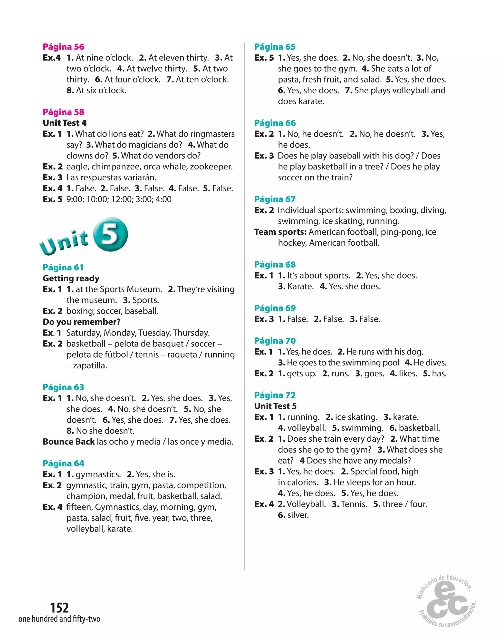 152
one hundred and fifty-two
Página 56
Ex.4 1. At nine o’clock. 2. At eleven thirty. 3. At
two o’clock. 4. At twelve thirty. 5. At two
thirty. 6. At four o’clock. 7. At ten o’clock.
8. At six o’clock.
Página 58
Unit Test 4
Ex. 1 1. What do lions eat? 2. What do ringmasters
say? 3. What do magicians do? 4. What do
clowns do? 5. What do vendors do?
Ex. 2 eagle, chimpanzee, orca whale, zookeeper.
Ex. 3 Las respuestas variarán.
Ex. 4 1. False. 2. False. 3. False. 4. False. 5. False.
Ex. 5 9:00; 10:00; 12:00; 3:00; 4:00
555555UUUUUUnnniiittt
Página 61
Getting ready
Ex. 1 1. at the Sports Museum. 2. They’re visiting
the museum. 3. Sports.
Ex. 2 boxing, soccer, baseball.
Do you remember?
Ex. 1 Saturday, Monday, Tuesday, Thursday.
Ex. 2 basketball – pelota de basquet / soccer –
pelota de fútbol / tennis – raqueta / running
– zapatilla.
Página 63
Ex. 1 1. No, she doesn’t. 2. Yes, she does. 3. Yes,
she does. 4. No, she doesn’t. 5. No, she
doesn’t. 6. Yes, she does. 7. Yes, she does.
8. No she doesn’t.
Bounce Back las ocho y media / las once y media.
Página 64
Ex. 1 1. gymnastics. 2. Yes, she is.
Ex. 2 gymnastic, train, gym, pasta, competition,
champion, medal, fruit, basketball, salad.
Ex. 4 fifteen, Gymnastics, day, morning, gym,
pasta, salad, fruit, five, year, two, three,
volleyball, karate.
Página 65
Ex. 5 1. Yes, she does. 2. No, she doesn’t. 3. No,
she goes to the gym. 4. She eats a lot of
pasta, fresh fruit, and salad. 5. Yes, she does.
6. Yes, she does. 7. She plays volleyball and
does karate.
Página 66
Ex. 2 1. No, he doesn’t. 2. No, he doesn’t. 3. Yes,
he does.
Ex. 3 Does he play baseball with his dog? / Does
he play basketball in a tree? / Does he play
soccer on the train?
Página 67
Ex. 2 Individual sports: swimming, boxing, diving,
swimming, ice skating, running.
Team sports: American football, ping-pong, ice
hockey, American football.
Página 68
Ex. 1 1. It’s about sports. 2. Yes, she does.
3. Karate. 4. Yes, she does.
Página 69
Ex. 3 1. False. 2. False. 3. False.
Página 70
Ex. 1 1.Yes, he does. 2. He runs with his dog.
3. He goes to the swimming pool 4. He dives.
Ex. 2 1. gets up. 2. runs. 3. goes. 4. likes. 5. has.
Página 72
Unit Test 5
Ex. 1 1. running. 2. ice skating. 3. karate.
4. volleyball. 5. swimming. 6. basketball.
Ex. 2 1. Does she train every day? 2. What time
does she go to the gym? 3. What does she
eat? 4 Does she have any medals?
Ex. 3 1. Yes, he does. 2. Special food, high
in calories. 3. He sleeps for an hour.
4. Yes, he does. 5. Yes, he does.
Ex. 4 2. Volleyball. 3. Tennis. 5. three / four.
6. silver.
 