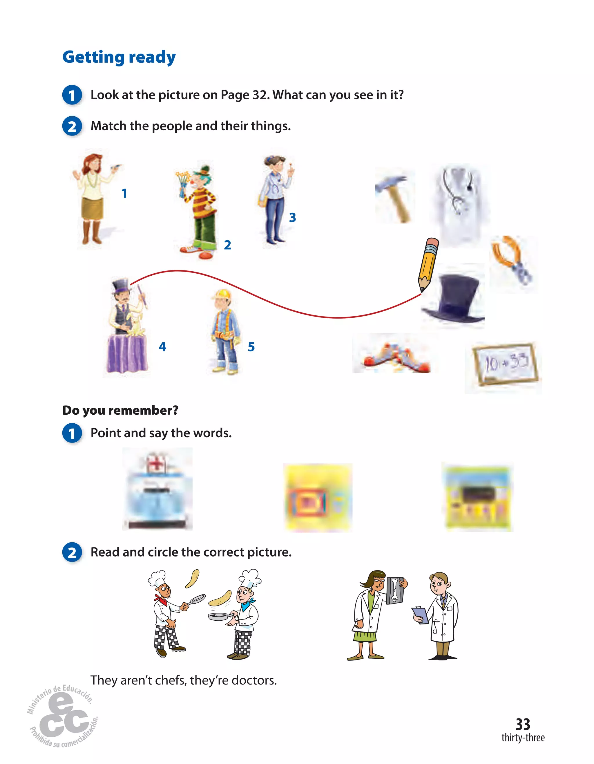 33
thirty-three
Getting ready
1 Look at the picture on Page 32. What can you see in it?
2 Match the people and their things.
Do you remember?
1 Point and say the words.
2 Read and circle the correct picture.
They aren’t chefs, they’re doctors.
4 5
1
2
3
 