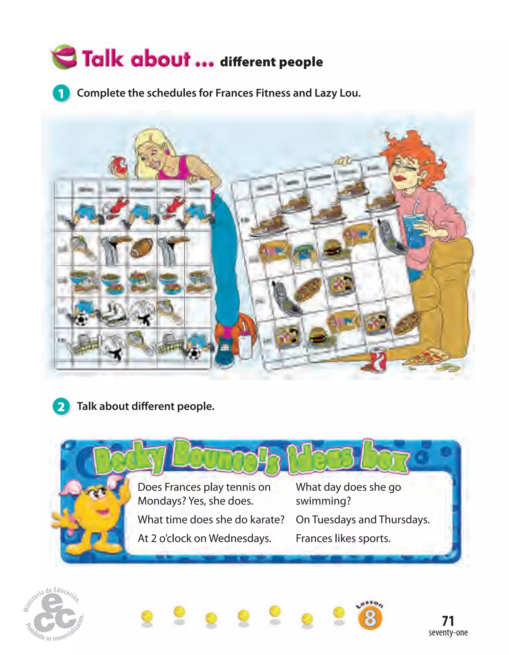71
seventy-one
Does Frances play tennis on
Mondays? Yes, she does.
What time does she do karate?
At 2 o’clock on Wednesdays.
What day does she go
swimming?
On Tuesdays and Thursdays.
Frances likes sports.
diﬀerent people
1 Complete the schedules for Frances Fitness and Lazy Lou.
2 Talk about different people.
 