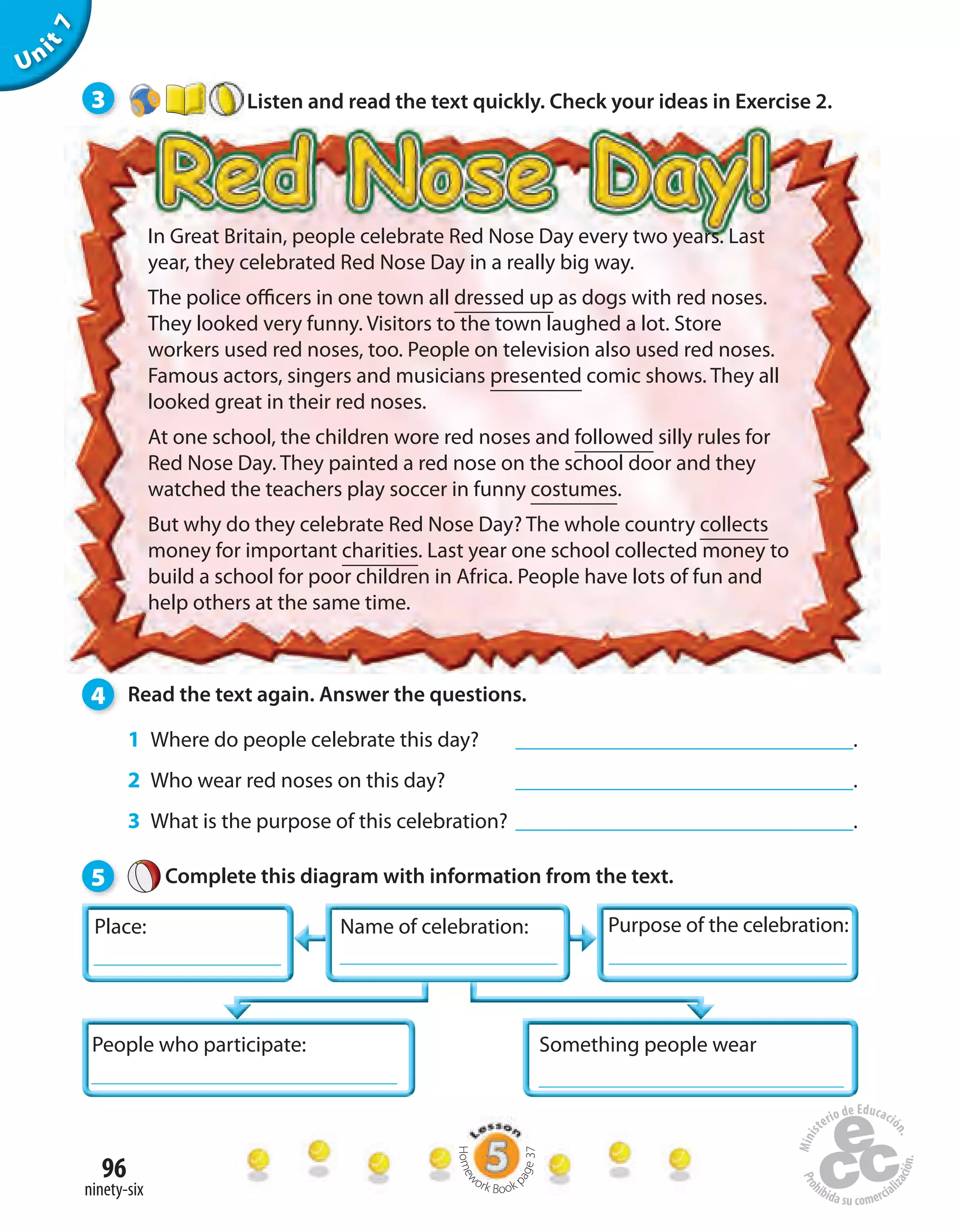 96
ninety-six
Unit7
3 Listen and read the text quickly. Check your ideas in Exercise 2.
In Great Britain, people celebrate Red Nose Day every two years. Last
year, they celebrated Red Nose Day in a really big way.
The police officers in one town all dressed up as dogs with red noses.
They looked very funny. Visitors to the town laughed a lot. Store
workers used red noses, too. People on television also used red noses.
Famous actors, singers and musicians presented comic shows. They all
looked great in their red noses.
At one school, the children wore red noses and followed silly rules for
Red Nose Day. They painted a red nose on the school door and they
watched the teachers play soccer in funny costumes.
But why do they celebrate Red Nose Day? The whole country collects
money for important charities. Last year one school collected money to
build a school for poor children in Africa. People have lots of fun and
help others at the same time.
4 Read the text again. Answer the questions.
1 Where do people celebrate this day? .
2 Who wear red noses on this day? .
3 What is the purpose of this celebration? .
5 Complete this diagram with information from the text.
Purpose of the celebration:
People who participate: Something people wear
Name of celebration:Place:
Homew
ork Book p
age37
 