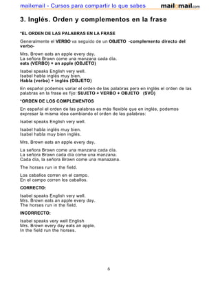 3. Inglés. Orden y complementos en la frase
*EL ORDEN DE LAS PALABRAS EN LA FRASE
Generalmente el VERBO va seguido de un OBJETO -complemento directo del
verbo-
Mrs. Brown eats an apple every day.
La señora Brown come una manzana cada día.
eats (VERBO) + an apple (OBJETO)
Isabel speaks English very well.
Isabel habla inglés muy bien.
Habla (verbo) + inglés (OBJETO)
En español podemos variar el orden de las palabras pero en inglés el orden de las
palabras en la frase es fijo: SUJETO + VERBO + OBJETO (SVO)
*ORDEN DE LOS COMPLEMENTOS
En español el orden de las palabras es más flexible que en inglés, podemos
expresar la misma idea cambiando el orden de las palabras:
Isabel speaks English very well.
Isabel habla inglés muy bien.
Isabel habla muy bien inglés.
Mrs. Brown eats an apple every day.
La señora Brown come una manzana cada día.
La señora Brown cada día come una manzana.
Cada día, la señora Brown come una manazana.
The horses run in the field.
Los caballos corren en el campo.
En el campo corren los caballos.
CORRECTO:
Isabel speaks English very well.
Mrs. Brown eats an apple every day.
The horses run in the field.
INCORRECTO:
Isabel speaks very well English
Mrs. Brown every day eats an apple.
In the field run the horses.
6
mailxmail - Cursos para compartir lo que sabes
 
