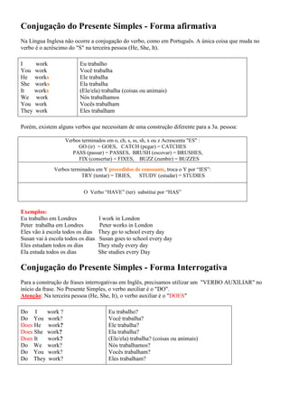 Conjugação do Presente Simples - Forma afirmativa
Na Língua Inglesa não ocorre a conjugação do verbo, como em Português. A única coisa que muda no
verbo é o acréscimo do "S" na terceira pessoa (He, She, It).
I work
You work
He works
She works
It works
We work
You work
They work
Eu trabalho
Você trabalha
Ele trabalha
Ela trabalha
(Ele/ela) trabalha (coisas ou animais)
Nós trabalhamos
Vocês trabalham
Eles trabalham
Porém, existem alguns verbos que necessitam de uma construção diferente para a 3a. pessoa:
Verbos terminados em o, ch, s, ss, sh, x ou z Acrescenta "ES" :
GO (ir) = GOES, CATCH (pegar) = CATCHES
PASS (passar) = PASSES, BRUSH (escovar) = BRUSHES,
FIX (consertar) = FIXES, BUZZ (zumbir) = BUZZES
Verbos terminados em Y precedidos de consoante, troca o Y por “IES”:
TRY (tentar) = TRIES, STUDY (estudar) = STUDIES
O Verbo “HAVE” (ter) substitui por “HAS”
Exemplos:
Eu trabalho em Londres I work in London
Peter trabalha em Londres Peter works in London
Eles vão à escola todos os dias They go to school every day
Susan vai à escola todos os dias Susan goes to school every day
Eles estudam todos os dias They study every day
Ela estuda todos os dias She studies every Day
Conjugação do Presente Simples - Forma Interrogativa
Para a construção de frases interrogativas em Inglês, precisamos utilizar um "VERBO AUXILIAR" no
início da frase. No Presente Simples, o verbo auxiliar é o "DO".
Atenção: Na terceira pessoa (He, She, It), o verbo auxiliar é o "DOES"
Do I work ?
Do You work?
Does He work?
Does She work?
Does It work?
Do We work?
Do You work?
Do They work?
Eu trabalho?
Você trabalha?
Ele trabalha?
Ela trabalha?
(Ele/ela) trabalha? (coisas ou animais)
Nós trabalhamos?
Vocês trabalham?
Eles trabalham?
 