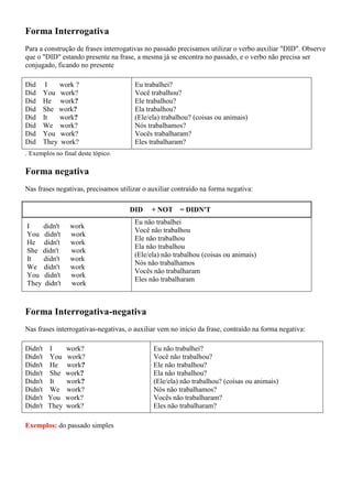 Forma Interrogativa
Para a construção de frases interrogativas no passado precisamos utilizar o verbo auxiliar "DID". Observe
que o "DID" estando presente na frase, a mesma já se encontra no passado, e o verbo não precisa ser
conjugado, ficando no presente
Did I work ?
Did You work?
Did He work?
Did She work?
Did It work?
Did We work?
Did You work?
Did They work?
Eu trabalhei?
Você trabalhou?
Ele trabalhou?
Ela trabalhou?
(Ele/ela) trabalhou? (coisas ou animais)
Nós trabalhamos?
Vocês trabalharam?
Eles trabalharam?
. Exemplos no final deste tópico.
Forma negativa
Nas frases negativas, precisamos utilizar o auxiliar contraído na forma negativa:
DID + NOT = DIDN'T
I didn't work
You didn't work
He didn't work
She didn't work
It didn't work
We didn't work
You didn't work
They didn't work
Eu não trabalhei
Você não trabalhou
Ele não trabalhou
Ela não trabalhou
(Ele/ela) não trabalhou (coisas ou animais)
Nós não trabalhamos
Vocês não trabalharam
Eles não trabalharam
Forma Interrogativa-negativa
Nas frases interrogativas-negativas, o auxiliar vem no início da frase, contraído na forma negativa:
Didn't I work?
Didn't You work?
Didn't He work?
Didn't She work?
Didn't It work?
Didn't We work?
Didn't You work?
Didn't They work?
Eu não trabalhei?
Você não trabalhou?
Ele não trabalhou?
Ela não trabalhou?
(Ele/ela) não trabalhou? (coisas ou animais)
Nós não trabalhamos?
Vocês não trabalharam?
Eles não trabalharam?
Exemplos: do passado simples
 