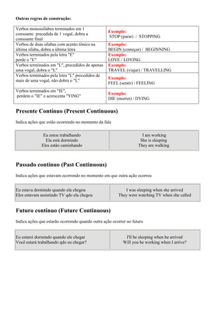 Outras regras de construção:
Verbos monossílabos terminados em 1
consoante precedida de 1 vogal, dobra a
consoante final
Exemplo:
STOP (parar) / STOPPING
Verbos de duas sílabas com acento tônico na
última sílaba, dobra a última letra
Exemplo:
BEGIN (começar) / BEGINNING
Verbos terminados pela letra "E"
perde o "E"
Exemplo:
LOVE / LOVING
Verbos terminados em "L", precedidos de apenas
uma vogal, dobra o "L"
Exemplo:
TRAVEL (viajar) / TRAVELLING
Verbos terminados pela letra "L" precedidos de
mais de uma vogal, não dobra o "L"
Exemplo:
FEEL (sentir) / FEELING
Verbos terminados em "IE",
perdem o "IE" e acrescenta "YING"
Exemplo:
DIE (morrer) / DYING
Presente Contínuo (Present Continuous)
Indica ações que estão ocorrendo no momento da fala
Eu estou trabalhando
Ela está dormindo
Eles estão caminhando
I am working
She is sleeping
They are walking
Passado contínuo (Past Continuous)
Indica ações que estavam ocorrendo no momento em que outra ação ocorreu
Eu estava dormindo quando ela chegou
Eles estavam assistindo TV qdo ela chegou
I was sleeping when she arrived
They were watching TV when she called
Futuro contínuo (Future Continuous)
Indica ações que estarão ocorrendo quando outra ação ocorrer no futuro
Eu estarei dormindo quando ele chegar
Você estará trabalhando qdo eu chegar?
I'll be sleeping when he arrived
Will you be working when I arrive?
 