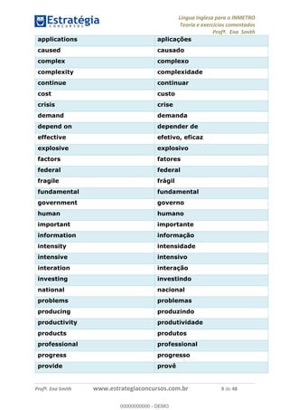 Língua Inglesa para o INMETRO 
Teoria e exercícios comentados 
Profª. Ena Smith 
applications aplicações 
caused causado 
complex complexo 
complexity complexidade 
continue continuar 
cost custo 
crisis crise 
demand demanda 
depend on depender de 
effective efetivo, eficaz 
explosive explosivo 
factors fatores 
federal federal 
fragile frágil 
fundamental fundamental 
government governo 
human humano 
important importante 
information informação 
intensity intensidade 
intensive intensivo 
interation interação 
investing 00000000000 
investindo 
national nacional 
problems problemas 
producing produzindo 
productivity produtividade 
products produtos 
professional professional 
progress progresso 
provide provê 
Profª. Ena Smith www.estrategiaconcursos.com.br 9 de 48 
00000000000 - DEMO 
 