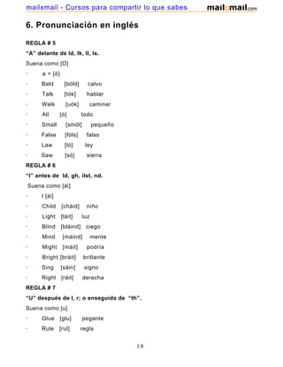 6. Pronunciación en inglés
REGLA # 5
“A” delante de Id, Ik, ll, ls.
Suena como [O]
· a = [ó]
· Bald [bóld] calvo
· Talk [tók] hablar
· Walk [uók] caminar
· All [ó] todo
· Small [smól] pequeño
· False [fóls] falso
· Law [ló] ley
· Saw [só] sierra
REGLA # 6
“I” antes de Id, gh, ilst, nd.
Suena como [ái]
· I [ái]
· Child [cháid] niño
· Light [láit] luz
· Blind [bláind] ciego
· Mind [máind] mente
· Might [máit] podría
· Bright [bráit] brillante
· Sing [sáin] signo
· Right [ráit] derecha
REGLA # 7
“U” después de l, r; o enseguida de “th”.
Suena como [u]
· Glue [glu] pegante
· Rule [rul] regla
18
mailxmail - Cursos para compartir lo que sabes
 