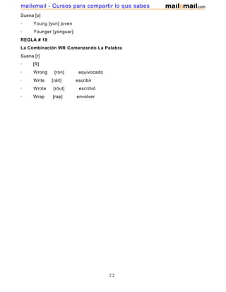 Suena [o]
· Young [yon] joven
· Younger [yonguar]
REGLA # 19
La Combinación WR Comenzando La Palabra
Suena [r]
· [R]
· Wrong [ron] equivocado
· Write [ráit] escribir
· Wrote [róut] escribió
· Wrap [rap] envolver
22
mailxmail - Cursos para compartir lo que sabes
 