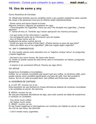 16. Uso de some y any
Como Adverbios de Cantidad.
10. Obsérvese también que los vocablos some y any pueden emplearse solos cuando
las cosas o las personas a las que se refieren están sobreentendidas.
- Some carne and eome stayed at home.
Algunos vinieron y algunos se quedaron en casa.
- I have forgotten my cigarettes. Have you any? He olvidado mis cigárrillos. ¿Tienes
algunos?
11. Some oft Any of. También aquí tienen aplicación los mismos principios:
- I've got some of the information I wanted.
- He conseguido parte de la información que de¬seaba.
- Any of these rooms will do.
Cualquiera de estos cuartos servirá.
- Could you give me some of that cake? ¿Podría darme un poco de esa torta?
- Have you taken any of my cigarettes? ¿Me has cogido algún cigarrillo?
VII . ANY Y COMPARATIVOS
12. Any puede usarse como adverbio con un "adjetivo compa¬rativo" en preguntas
y frases negativas.
- He hasn't any more money. No tiene más dinero.
13. Some no puede usarse de esta forma, pero sí somewhat, en frases y preguntas
afirmativas.
- It seems to be somewhat difficult. Parece ser algo difícil,
VIII. NOTAS
Sustantivos Contables e Incontables»
Coffee: es un nombre incontable (we haven't got any coffee, no tenemos café), pero
puede usarse como contable significando una taza de café. Con tea sucede lo
mismo. Así en un café se puede decir: two coffees and three teas, please.
IX. ADVERBIOS DE CANTIDAD
A. A LOT OF: mucho/ os/ a/ as.
Esta expresión se usa siempre en frases afirmativas delante de nombres incontables
y de contables en plural. Así decimos:
B. MUCH: mucho/ os/ as.
Se usa para expresar abundancia de algo, pero sólo cuando se habla de sustantivos
o nombres no contables:
- You drink much coffee.
- He makes much noise.
C. MANY: mucho/ os/ as.
En las frases negativas e interrogativas con nombres con¬tables en plural, en lugar
de a lot se usa many. Así decimos:
- I don't smoke many cigarettes.
45
mailxmail - Cursos para compartir lo que sabes
 