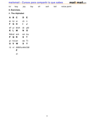 /o/ boy joy toy oil soil toil voice point
4. Exercises.
A. The Alphabet
A
éi
B
bi
C
si
D
di
E
ii
F
ef
G
yi
H
éich
I
ái
J
yéi
K
Kéi
L
el
M
em
N
en
O
óu
P
pi
Q
kiú
R
ar
S
es
T
Ti
U
iú
V
vi
W
dábliu
X
eks
Y
Uái
Z
zi
5
mailxmail - Cursos para compartir lo que sabes
 