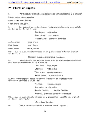 21. Plural en inglés
I. Por lo regular el plural de las palabras se forma agregando S al singular:
Paper, papers (papel, papeles)
Book, books (libro, libros)
Chief, chiefs (jefe, jefes)
II. Los sustantivos que terminan en -ch (pronunciadas como ch es-pañola
añaden -es liara formar el plural:
Box, boxes: caja, cajas
Dish, dishes: plato, platos
Buzz buzzes: zumbido, zumbidos
Arch, arches: arco, arcos
Kiss kisses: beso, besos
Hero, héroes: héroe, héroes
Nótese que los sustantivos terminados en -ch (pronunciadas K) forman el plural
añadiendo -s:
Monarch, monarch-s; monarca, monarcas
III. Los sustantivos que terminan en -fe, y ciertos sustantivos que terminan
en -f, cambian estas letras en V y añaden es:
Leaf, lives: hoja, hojas;
Life lives: vida, vidas;
Wife, wives: esposa, esposas;
Knife, knives cuchillo, cuchillos.
IV. Para formar el plural de los sustantivos terminados en -y precedida de
consonante cámbiese la -y_ en -íes:
Fly, files: mosca, moscas
Cry, cries: g rito, gritos
Family, families: familia, familias
Quantity, quantities: cantidad, cantidades
Nótese que los sustantivos terminados en -y. precedida de vocal forman el plural
añadiendo -s al singular:
- Day, days: día, días
IV. Ciertos sustantivos forman el plural de forma irregular:
54
mailxmail - Cursos para compartir lo que sabes
 