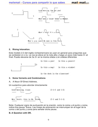 2. Rising Intonation.
Este modelo 2-3 del inglés norteamericano se usan en general para preguntas que
se contestan sí o no. La roa se eleva en la nota alta y luego un poco más hasta 3+ al
final. Puede elevarse de 3a 3+ en la misma sílaba o en sílabas diferentes
3. Some Variants and Combinations
A. A Noun Of Direct Address.
Un sustantivo para abordar directamente
Nota: Cualquier signo de puntuación en la oración, como la coma y el punto y coma,
indica tina pausa "breve. Las líneas de entonación se interrumpen en el lugar de la
coma o del punto y coma para señalar dicha pausa.
B. A Question with OR.
9
mailxmail - Cursos para compartir lo que sabes
 