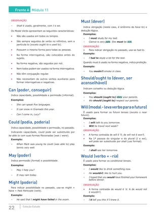 22 Coleção Estudo
OBSERVAÇÃO
–	Shall é usado, geralmente, com I e we.
Os Modal Verbs apresentam as seguintes características:
•	 Não são usados em todos os tempos.
•	 São sempre seguidos de verbo no infinitivo, sem a
partícula to (exceto ought to e used to).
•	 Possuem a mesma forma para todas as pessoas.
•	 Na forma interrogativa, são colocados antes do
sujeito.
•	 Na forma negativa, são seguidos por not.
•	 Nem todos podem ser usados na forma interrogativa.
•	 Não têm conjugação regular.
•	 Não necessitam de outros verbos auxiliares para
formar interrogativas e negativas.
Can (poder, conseguir)
Indica capacidade, possibilidade e permissão (informal).
Exemplos:
–	 She can speak five languages.
–	 It can snow in Gramado this year.
–	 Can I come in, Lucy?
Could (podia, poderia)
Indica capacidade, possibilidade e permissão, no passado.
Indicando capacidade, could pode ser substituído por
be able to com suas formas flexionadas (was / were).
Exemplo:
–	 When Mark was young he could (was able to) play
tennis very well.
May (poder)
Indica permissão (formal) e possibilidade.
Exemplos:
–	 May I help you?
–	 It may rain today.
Might (poderia)
Para indicar possibilidade no passado, usa-se might +
have + Past Participle (verb).
Exemplo:
–	 He said that I might have failed in the exam.
Must (dever)
Indica obrigação (neste caso, é sinônimo de have to) e
dedução lógica.
Exemplos:
–	I must study for my test.
–	 Clarice is very pale. She must be sick.
OBSERVAÇÃO
•	 Para indicar obrigação no passado, usa-se had to.
Exemplo:
–	I had to study a lot for the test.
Quando must é usado na forma negativa, indica proibição.
Exemplo:
–	You mustn’t smoke in class.
Should/ought to (dever, ser
aconselhável)
Indicam conselho ou dedução lógica.
Exemplos:
–	You should (ought to) obey your parents.
–	We should (ought to) respect our parents.
Will(modal-levaverboparaofuturo)
É usado para formar os future tenses (exceto o near
future).
Exemplos:
–	I will talk to you tomorrow.
–	 Will he travel next week?
OBSERVAÇÃO
•	 A forma contraída de will é ’ll; de will not é won’t.
•	 Na 1ª pessoa do singular e do plural (I e we),
will pode ser substituído por shall (uso formal).
Exemplo:
–	I shall see her tomorrow.
Would (verbo + -ria)
É usado para formar os conditional tenses.
Exemplos:
–	I would like to drink something now.
–	He wouldn´t like to hurt you.
–	 I hoped that you would have finished your homework
before dinner.
OBSERVAÇÃO
•	 A forma contraída de would é ’d. A de would not
é wouldn't.
Exemplo:
–	 I’d tell you this if I knew it.
Frente A Módulo 11
 