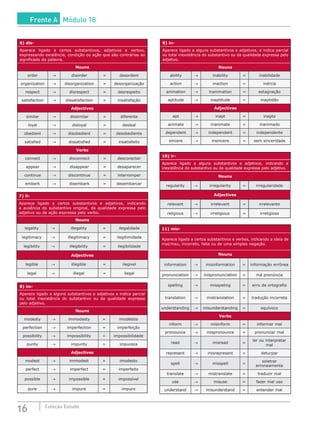 16 Coleção Estudo
6) dis-
Aparece ligado a certos substantivos, adjetivos e verbos,
expressando existência, condição ou ação que são contrárias ao
significado da palavra.
Nouns
order → disorder = desordem
organization → disorganization = desorganização
respect → disrespect = desrespeito
satisfaction → dissatisfaction = insatisfação
Adjectives
similar → dissimilar = diferente
loyal → disloyal = desleal
obedient → disobedient = desobediente
satisfied → dissatisfied = insatisfeito
Verbs
connect → disconnect = desconectar
appear → disappear = desaparecer
continue → discontinue = interromper
embark → disembark = desembarcar
7) il-
Aparece ligado a certos substantivos e adjetivos, indicando
a ausência do substantivo original, da qualidade expressa pelo
adjetivo ou da ação expressa pelo verbo.
Nouns
legality → illegality = ilegalidade
legitimacy → illegitimacy = ilegitimidade
legibility → illegibility = ilegibilidade
Adjectives
legible → illegible = ilegível
legal → illegal = ilegal
8) im-
Aparece ligado a alguns substantivos e adjetivos e indica parcial
ou total inexistência do substantivo ou da qualidade expressa
pelo adjetivo.
Nouns
modesty → immodesty = imodéstia
perfection → imperfection = imperfeição
possibility → impossibility = impossibilidade
purity → impurity = impureza
Adjectives
modest → immodest = imodesto
perfect → imperfect = imperfeito
possible → impossible = impossível
pure → impure = impuro
9) in-
Aparece ligado a alguns substantivos e adjetivos, e indica parcial
ou total inexistência do substantivo ou da qualidade expressa pelo
adjetivo.
Nouns
ability → inability = inabilidade
action → inaction = inércia
animation → inanimation = estagnação
aptitude → inaptitude = inaptidão
Adjectives
apt → inapt = inapto
animate → inanimate = inanimado
dependent → independent = independente
sincere → insincere = sem sinceridade
10) ir-
Aparece ligado a alguns substantivos e adjetivos, indicando a
inexistência do substantivo ou da qualidade expressa pelo adjetivo.
Nouns
regularity → irregularity = irregularidade
Adjectives
relevant → irrelevant = irrelevante
religious → irreligious = irreligioso
11) mis-
Aparece ligado a certos substantivos e verbos, indicando a ideia de
mal/mau, incorreto, falta ou de uma simples negação.
Nouns
information → misinformation = informação errônea
pronunciation → mispronunciation = má pronúncia
spelling → misspeling = erro de ortografia
translation → mistranslation = tradução incorreta
understanding → misunderstanding = equívoco
Verbs
inform → misinform = informar mal
pronounce → mispronounce = pronunciar mal
read → misread =
ler ou interpretar
mal
represent → misrepresent = deturpar
spell → misspell =
soletrar
erroneamente
translate → mistranslate = traduzir mal
use → misuse = fazer mal uso
understand → misunderstand = entender mal
Frente A Módulo 18
 