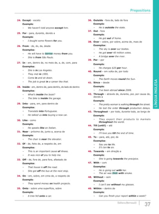 LÍNGUAINGLESA
37Editora Bernoulli
24.	Except - exceto
Exemplo:
–	 We haven’t told anyone except him.
25.	For - para, durante, devido a
Exemplo:
–	 I bought some flowers for you.
26.	From - de, do, da, desde
Exemplos:
–	 He will have to borrow money from you.
–	 She is from São Paulo.
27.	In - em, dentro de, no meio de, a, de, com, para
Exemplos:
–	 She is in Los Angeles.
–	 They met in 1995.
–	Come in and sit down.
–	 The job is great in a career like that.
28.	lnside - em, dentro de, para dentro, do lado de dentro
Exemplos:
–	What’s inside the book?
–	 The bike is inside the garage.
29.	Into - para, em, para dentro de
Exemplos:
–	Translate into Portuguese.
–	 He talked us into buying a new car.
30.	Like - como
Exemplo:
–	 He speaks like an Italian.
31.	Near - próximo de, junto a, acerca de
Exemplo:
–	 The chair is near the elevator.
32.	Of - de, feito de, a respeito de, em
Exemplos:
–	 This is an important cause of illness.
–	 It was nice of you to help me.
33.	Off - de, fora de, para fora, afastado de
Exemplos:
–	 That house is off the road.
–	 She got off the bus at the next stop.
34.	On - em, sobre, em cima de, a respeito de
Exemplo:
–	 They spend money on health projects.
35.	Onto - sobre uma superfície, sobre
Exemplo:
–	 A tree fell onto a car.
36.	Outside - fora de, lado de fora
Exemplo:
–	 He is outside the state.
37.	Out - fora
Exemplo:
–	 He got out of home.
38.	Over – sobre, por sobre, acima de, mais de
Exemplos:
–	 The sky is over our bodies.
–	 He got over 40 million votes.
–	 A bridge over the river.
39.	Per – por
Exemplo:
–	 He charges $20 per hour.
40.	Round – em volta de, por todo
Exemplo:
–	 The Earth moves round the Sun.
41.	Since – desde
Exemplo:
–	 I’ve been abroad since 2008.
42.	Through – através de, durante, por, por causa de,
devido a
Exemplo:
–	 The pretty woman is walking through the street.
–	 He lost the order through production delays.
43.	Throughout – por todo, durante todo, ao longo de
Exemplo:
–	 They export their products to markets
throughout the world.
44.	 Till (until) – até
Exemplo:
–	 I’ll love you till the end of time.
45.	To – para, até, por, de
Exemplos:
–	 Say yes to life.
–	 It’s ten to six.
46.	Towards – em direção a
Exemplo:
–	 She is going towards the precipice.
47.	With – com
Exemplos:
–	 He is going out with her.
–	 The air was thick with smoke.
48.	Without – sem
Exemplo:
–	 I can’t see without my glasses.
49.	Within – dentro de
Exemplo:
–	 Can you finish your report within a week?
Prepositions
 