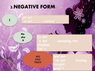 .......
WE
YOU
THEY
2.NEGATIVE FORM
am not
´m not reading.
Is not
´s not sweeping the
stadium.
Isn´t
are not
´re not studing
tonight.
aren´t
I
He
she
it
 