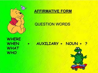 WHERE
WHEN + AUXILIARY + NOUN + ?
WHAT
WHO
QUESTION WORDS
AFFIRMATIVE FORM
 