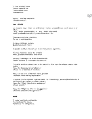 Lic. Jose Fernando Triana
Docente Inglés Décimo
Colegio La Salle Cúcuta
Guia de estudio
                                                                                          15

Should / Shall we stay here?
¿Quedamos aquí?

May y Might

Los modales may y might son sinónomos y indican una acción que puede pasar en el
futuro.
I may / might go to the park, or I may / might stay home.
Puede que vaya al parque, o quizá me queda en casa.

This may / might be a bad idea.
Tal vez es una mala idea.

It may / might rain tonight.
Quizás llueva esta noche.

Es posible sustituir may con can al dar instrucciones o permiso.

You may / can now board the airplane.
Ahora, pueden embarcarse en el avión.

You may / can begin the exam in ten minutes.
Pueden empezar el examen en diez minutos.

Es posible sustituir may con can en las preguntas de sí o no. La palabra may es mas
cortés.
May / Can I see your driver's license?
¿Puedo ver su permiso de conducir?

May / Can we have some more water, please?
¿Podemos tener más agua por favor?

Es posible utilizar might en lugar de may o can. Sin embargo, en el inglés americano el
uso de might en este contexto es muy raro.
May / Can / Might I be of some assistance?
¿Puedo asistirle?

May / Can / Might we offer you a suggestion?
¿Podemos ofrecerle una sugerencia?


Must

El modal must indica obligación.
You must see this movie.
Tienen que ver esta película.
 