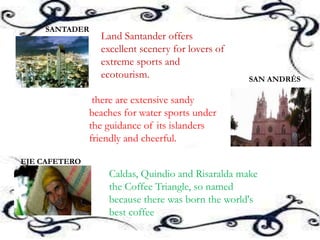 Land Santander offers
excellent scenery for lovers of
extreme sports and
ecotourism.
SANTADER
SAN ANDRÉS
there are extensive sandy
beaches for water sports under
the guidance of its islanders
friendly and cheerful.
EJE CAFETERO
Caldas, Quindio and Risaralda make
the Coffee Triangle, so named
because there was born the world's
best coffee
 