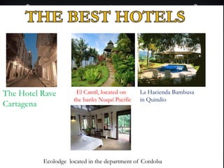 The Hotel Rave
Cartagena
El Cantil, located on
the banks Nuquí Pacific
La Hacienda Bambusa
in Quindio
Ecolodge located in the department of Cordoba
 