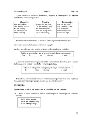 ENSINO MÉDIO INGLÊS CEESVO
14
Agora observe as estruturas afirmativa, negativa e interrogativa do Present
continuous. Vamos compará-las?
Afirmativa Negativa Interrogative
You are working.
I am reading a book
We are singing.
He is living in Itu.
She is cooking.
You are not working.
I’m not reading a book.
We are not singing.
He is not living in Itu.
She is not cooking.
Are you working?
Am I reading a book?
Are we singing?
Is he living in Itu?
Is she cooking?
Se observarmos atentamente as frases na forma negativa observamos que:
not sempre aparece, trata-se do advérbio de negação.
not deve ser colocado entre o verbo to be e o verbo principal no gerúndio.
A estrutura da forma interrogativa também é diferente da afirmativa, pois o sujeito
da frase deve vir entre o verbo to be e o verbo principal.
Caro aluno, como você observou as estruturas acima parecem mais uma receita de
bolo, que se repete sempre que precisamos usá-las, não é mesmo?
EXERCISES
Agora vamos praticar um pouco com os exercícios, no seu caderno:
03. Passe as frases afirmativas para as formas negativas e interrogativas, como no
modelo:
Sujeito + verbo to be + not + verbo principal - ing + complemento
Mary is not singing a song.
verbo to be + Sujeito + verbo principal - ing + complemento +?
Is Mary singing a song?
She is telling a story.
She is not telling a story.
Is she telling a story?
 