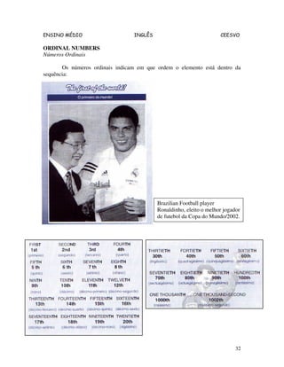 ENSINO MÉDIO INGLÊS CEESVO
32
ORDINAL NUMBERS
Números Ordinais
Os números ordinais indicam em que ordem o elemento está dentro da
sequência:
Brazilian Football player
Ronaldinho, eleito o melhor jogador
de futebol da Copa do Mundo/2002.
 