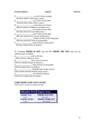ENSINO MÉDIO INGLÊS CEESVO
51
f) ___________________a lot of visitors tonight.
(Existem muitas visitas hoje à noite)
g) __________________two socks on the table.
(Existem duas meias sobre a cama.)
h) __________________a nice dog in my house.
(Há um cachorro simpático em minha casa.)
i) __________________two books om my table.
(Existem dois livros em minha mesa.)
j) __________________one T-shirt on the table.
(Há uma camiseta em cima da minha mesa.)
k) _________________ a bottle of milk in the refrigerator.
(Há uma garrafa do leite no refrigerador.)
l) _________________ many flowers in the garden.
(Existem muitas flores no jardim.)
02. Complete THERE IS NOT (não há) OU THERE ARE NOT (não há) nas
sentenças que se seguem:
a)________________stars in the sky.
(Não existem estrelas no céu.)
b) _______________ only a pair of scissors.
(Não há somente um par de tesouras.)
c)_________________ many flowers in the garden.
(Não há muitas flores no jardim.)
d) _________________beautiful girls in this school.
(Não existem meninas bonitas nesta escola.)
e) _________________ one friend to help me.
(Não há um amigo para me ajudar.)
VERB THERE T0 BE (PAST TENSE)
Verbo haver, existir no tempo passado
 