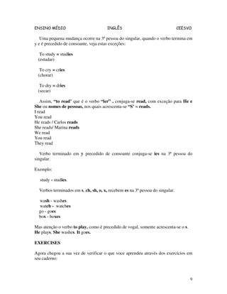 ENSINO MÉDIO INGLÊS CEESVO
9
Uma pequena mudança ocorre na 3ª pessoa do singular, quando o verbo termina em
y e é precedido de consoante, veja estas exceções:
To study = studies
(estudar)
To cry = cries
(chorar)
To dry = dries
(secar)
Assim, “to read’ que é o verbo “ler” , conjuga-se read, com exceção para He e
She ou nomes de pessoas, nos quais acrescenta-se “S’ = reads.
I read
You read
He reads / Carlos reads
She reads/ Marina reads
We read
You read
They read
Verbo terminado em y precedido de consoante conjuga-se ies na 3ª pessoa do
singular.
Exemplo:
study - studies.
Verbos terminados em s, ch, sh, o, x, recebem es na 3ª pessoa do singular.
wash - washes
watch - watches
go - goes
box - boxes
Mas atenção o verbo to play, como é precedido de vogal, somente acrescenta-se o s.
He plays. She washes. It goes.
EXERCISES
Agora chegou a sua vez de verificar o que voce aprendeu através dos exercícios em
seu caderno:
 