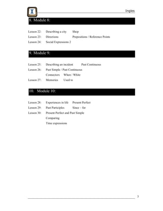 Ingles


8. Module 8:

Lesson 22:   Describing a city      Shop
Lesson 23:   Directions             Prepositions / Reference Points
Lesson 24:   Social Expressions 2


9. Module 9:

Lesson 25:   Describing an incident        Past Continuous
Lesson 26:   Past Simple / Past Continuous
             Connectors     When / White
Lesson 27:   Memories       Used to


10. Module 10:

Lesson 28:   Experiences in life    Present Perfect
Lesson 29:   Past Participles       Since – for
Lesson 30:   Present Perfect and Past Simple
             Comparing
             Time expressions




                                                                               3
 