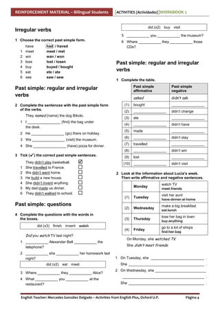 REINFORCEMENT MATERIAL – Bilingual Students

[ACTIVITIES (Actividades)]WORKBOOK 2

did (x2)

Irregular verbs

buy visit

5 ___________ you ___________ the museum?
1 Choose the correct past simple form.
1
2
3
4
5
6

have
meet
win
lose
buy
eat
see

had / haved
meet / met
wan / won
lost / losen
buyed / bought
ete / ate
saw / sew

6 Where ___________ they ___________ those
CDs?

Past simple: regular and irregular
verbs
1 Complete the table.
Past simple
affirmative

Past simple
negative

asked

didn’t ask

(1)

bought

________________

(2)

________________

didn’t change

(3)

ate

________________

(4)

________________

didn’t have

(5)

made

________________

(6)

________________

didn’t stay

(7)

travelled

________________

(8)

________________

didn’t win

(9)

lost

________________

Past simple: regular and irregular
verbs
2 Complete the sentences with the past simple form
of the verbs.
They named (name) the dog Bikolo.
1 I ________________ (find) the bag under
the desk.
2 He ________________ (go) there on holiday.
3 We ________________ (visit) the museum.
4 She ________________ (have) pizza for dinner.
3 Tick (
1
2
3
4
5
6

) the correct past simple sentences.

They didn’t play basketball.
She travelled to France.
We didn’t went home.
He build a new house.
She didn’t invent anything.
My dad made us dinner.
They didn’t walked to school.

(10) ________________

didn’t visit

2 Look at the information about Lucia’s week.
Then write affirmative and negative sentences.
Monday
(1)

did (x3)

finish

invent

Wednesday

make a big breakfast
eat lunch

(3)

Thursday

lose her bag in town
buy anything

Friday

go to a lot of shops
find her bag

watch

Did you watch TV last night?
1 ___________ Alexander Bell ___________ the
telephone?
2 ___________ she ___________ her homework last
night?
did (x2)

visit her aunt
have dinner at home

(4)

4 Complete the questions with the words in
the boxes.

Tuesday

(2)

Past simple: questions

watch TV
meet friends

eat meet

3 Where ___________ they ___________ Alice?
4 What ___________ you ___________ at the
restaurant?

On Monday, she watched TV.
She didn’t meet friends.
1 On Tuesday, she __________________________ .
She _____________________________________ .
2 On Wednesday, she _________________________
________________________________________ .
She _____________________________________ .

English Teacher: Mercedes González Delgado – Activities from English Plus, Oxford U.P.

Página 4

 