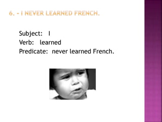 Subject: I
Verb: learned
Predicate: never learned French.
 
