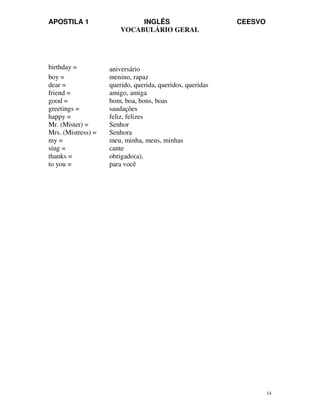 APOSTILA 1 INGLÊS CEESVO
14
VOCABULÁRIO GERAL
birthday = aniversário
boy = menino, rapaz
dear = querido, querida, queridos, queridas
friend = amigo, amiga
good = bom, boa, bons, boas
greetings = saudações
happy = feliz, felizes
Mr. (Mister) = Senhor
Mrs. (Mistress) = Senhora
my = meu, minha, meus, minhas
sing = cante
thanks = obrigado(a),
to you = para você
 