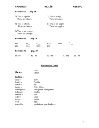 APOSTILA 1 INGLÊS CEESVO
32
Exercício 2: pág. 28
2) That is a plane. 3) That is a dog.
Those are planes. Those are dogs.
4) That is a book. 5) That is an apple.
Those are books. Those are apples.
6) That is an orange.
Those are oranges.
Exercício 3: pág. 29
a) a b) __ c)__ d) a e)an f) __
g) a h) __ i) an j) a
Exercício 4: pág. 29
a) The b) The c) The d) The e) The
Vocabulário Geral
black =
brother =
preto
irmão
cake =
family =
bolo
família
father = pai
happy = feliz, felizes
intelligent = inteligente, inteligentes
lollipop =
mother =
pirulito
mãe
sister = irmã
very =
well
muito
bem
umbrella sombrinha, guarda-chuva
 