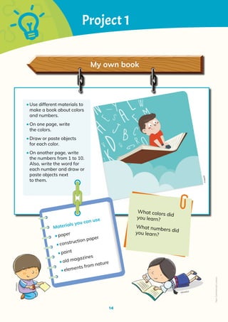 14
Project 1
F
re
e
p
ik
o
r
A
b
e
c
d f
g
h
i
j
k
l m
n
Q
s
v
W
z
y
My own book
•	Use different materials to
make a book about colors
and numbers.
•	On one page, write
the colors.
•	Draw or paste objects
for each color.
•	On another page, write
the numbers from 1 to 10.
Also, write the word for
each number and draw or
paste objects next
to them.
Materials you can use
•	paper
•	construction paper
•	paint
•	old magazines
•	elements from nature
What colors did
you learn?
What numbers did
you learn?
Mineduc
Mineduc
Non-Commercial
Licence
 