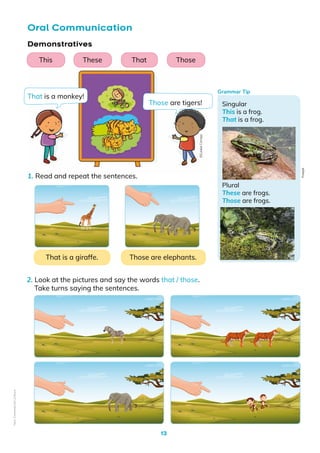 13
Oral Communication
1. Read and repeat the sentences.
Demonstratives
2. Look at the pictures and say the words that / those.
Take turns saying the sentences.
Singular
This is a frog.
That is a frog.
Plural
These are frogs.
Those are frogs.
Grammar Tip
That is a monkey!
Those are tigers!
That is a giraffe. Those are elephants.
This That
These Those
Freepik
©️Eulalia
Cornejo
Non-Commercial
Licence
 